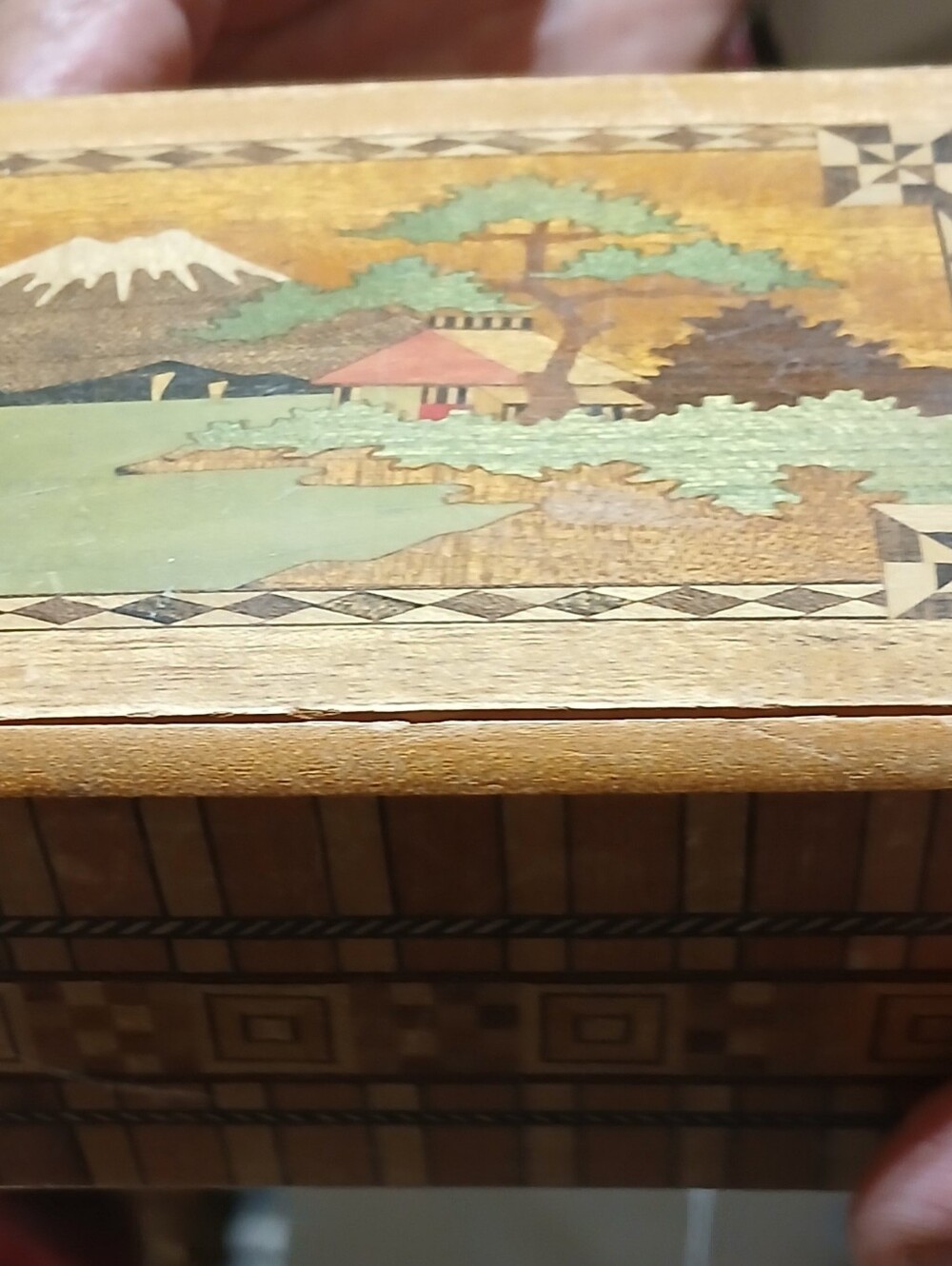 Japanese Yosegi Marquetry Puzzle Bo Wooden Inlay Keepsake Box - Brown and Green